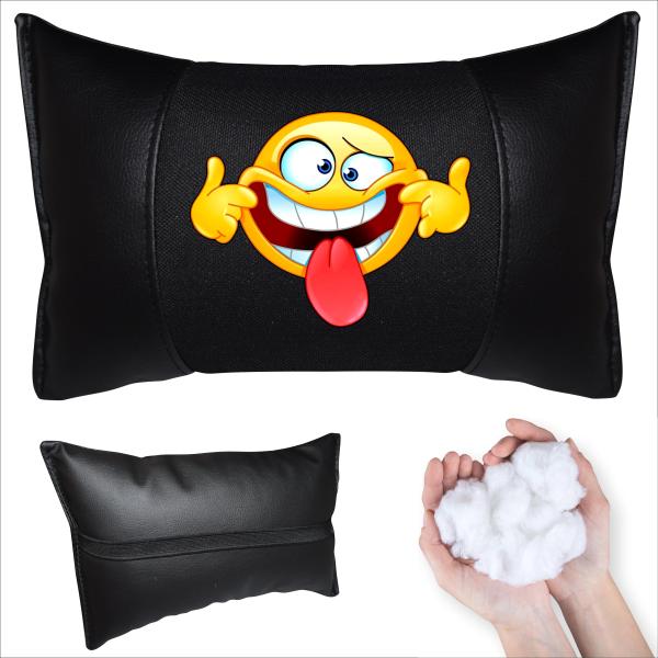Auto Nackenkissen 20x30cm Nackenpolster Leder Schwarz mit Druck Design Smiley
